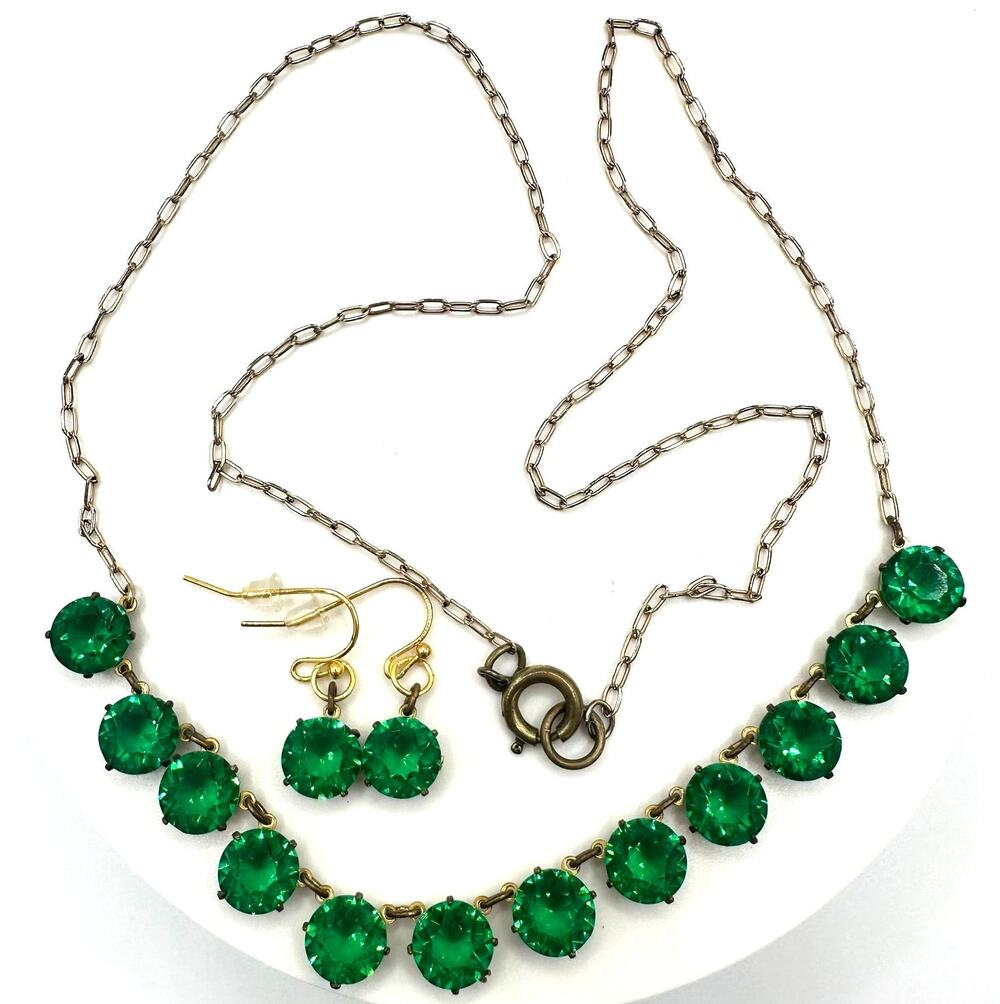 Antique Art Deco green Czech glass rhinestones rivière chain necklace earrings